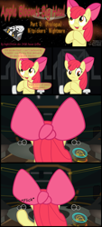 Size: 1589x3528 | Tagged: safe, artist:eagle1division, character:apple bloom, species:earth pony, species:pony, comic:applebloom's big haul, g4, apple bloom's bow, bow, clapping, cockpit, comic, dialogue, elite dangerous, female, filly, hair bow, hauler, nitpicking, ocd, older, older apple bloom, open mouth, science fiction, smiling, solo, space, spaceship, young