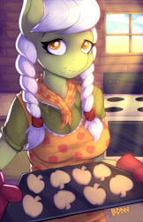 Size: 841x1300 | Tagged: safe, artist:drbdnv, character:granny smith, species:anthro, species:earth pony, species:pony, adorasmith, apron, baking, clothing, cookie, cute, female, looking at you, neckerchief, oven, solo, young granny smith, younger