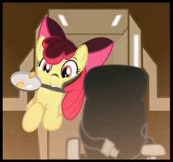 Size: 1920x1793 | Tagged: safe, artist:eagle1division, character:apple bloom, species:earth pony, species:pony, g4, egg (food), elite dangerous, female, floating, food, frying pan, science fiction, solo, space, weightless, zero gravity
