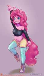 Size: 521x890 | Tagged: safe, artist:draneas, character:pinkie pie, species:anthro, species:plantigrade anthro, belly button, chubby, clothing, converse, female, looking at you, pantyhose, plump, shoes, smiling, sneakers, solo, tights