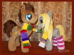 Size: 4120x3056 | Tagged: safe, artist:calusariac, character:derpy hooves, character:doctor whooves, character:time turner, species:pegasus, species:pony, ship:doctorderpy, clothing, cute, female, fourth doctor's scarf, irl, male, mare, photo, plushie, scarf, shipping, socks, straight, striped socks