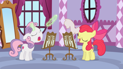 Size: 10667x6000 | Tagged: safe, artist:eagle1division, character:apple bloom, character:sweetie belle, episode:on your marks, g4, my little pony: friendship is magic, absurd resolution, carousel boutique, conductor's baton, eyes closed, levitation, magic, music stand, open mouth, sheet music, singing, smiling, sweetie belle's magic brings a great big smile, telekinesis, vector