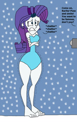 Size: 1065x1709 | Tagged: safe, artist:hunterxcolleen, character:rarity, species:human, my little pony:equestria girls, barefoot, bikini, camera, clothing, cold, feet, forced, freezing, freezing fetish, humanized, ms paint, one-piece swimsuit, peer pressure, shivering, snow, snowfall, snowflake, swimsuit, talking, this will end in death