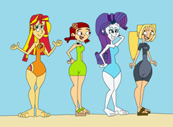 Size: 2493x1825 | Tagged: safe, artist:hunterxcolleen, character:rarity, character:sunset shimmer, species:human, my little pony:equestria girls, beach, bikini, clothing, crossover, feet, nervous grin, one-piece swimsuit, pose, sandals, shrug, shrugset shimmer, swimsuit, total drama, total drama island, wetsuit, zoey