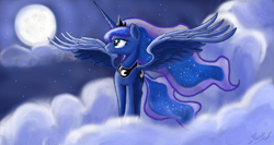 Size: 1366x728 | Tagged: safe, artist:gaelledragons, character:princess luna, cloud, female, moon, night, solo, spread wings, wings