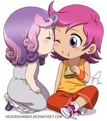 Size: 619x700 | Tagged: safe, artist:hazurasinner, character:scootaloo, character:sweetie belle, species:pegasus, species:pony, ship:scootabelle, chibi, clothing, dress, female, humanized, lesbian, sandwich, shipping, shoes, sneakers