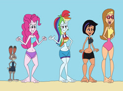 Size: 2873x2121 | Tagged: safe, artist:hunterxcolleen, character:honey lemon, character:pinkie pie, character:rainbow dash, species:human, my little pony:equestria girls, beach, belly button, big hero 6, bikini, clothing, crossover, feet, gogo tomago, humanized, judy hopps, one-piece swimsuit, shorts, simple background, swimsuit, wetsuit, zootopia