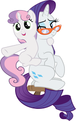 Size: 4291x6865 | Tagged: safe, artist:chrzanek97, character:rarity, character:sweetie belle, episode:for whom the sweetie belle toils, absurd resolution, cute, glasses, piggyback ride, pointing, simple background, sisters, transparent background, vector