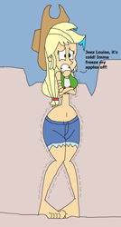 Size: 1024x1905 | Tagged: safe, artist:hunterxcolleen, character:applejack, species:human, my little pony:equestria girls, antarctica, arctic, barefoot, belly button, bikini, bikini top, clothing, cold, feet, freezing, freezing fetish, humanized, ice, icicle, shivering, shorts, snow, swimsuit, talking