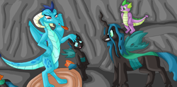 Size: 3728x1840 | Tagged: safe, artist:mojo1985, character:princess ember, character:queen chrysalis, character:spike, species:changeling, species:dragon