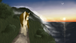 Size: 1920x1080 | Tagged: safe, artist:eagle1division, oc, oc only, oc:dynamic canvas, fog, mist, moon, mountain, ocean, scenery, shore, sunset, wet mane