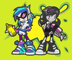 Size: 614x510 | Tagged: safe, artist:rvceric, character:dj pon-3, character:octavia melody, character:vinyl scratch, my little pony:equestria girls, clothing, converse, jet grind radio, jet set radio, jet set radio future, monster pony, octaviapus, octoling, octopony, pun, shoes, sneakers, species swap, splatoon