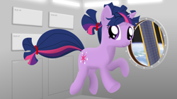 Size: 1920x1080 | Tagged: safe, artist:eagle1division, character:twilight sparkle, character:twilight sparkle (unicorn), species:pony, species:unicorn, alternate hairstyle, cute, female, floating, hair tie, planet, ponytail, solo, space, space station, twiabetes, vector, zero gravity
