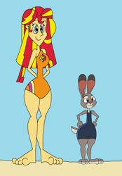 Size: 1261x1809 | Tagged: safe, artist:hunterxcolleen, character:sunset shimmer, species:human, my little pony:equestria girls, 1000 hours in ms paint, barefoot, beach, bikini, child bearing hips, clothing, crossover, feet, humanized, judy hopps, ms paint, swimsuit, zootopia