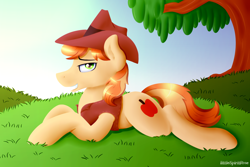 Size: 1500x1000 | Tagged: safe, artist:spirit-dude, character:braeburn, grin, looking at you, male, prone, smiling, solo, stupid sexy braeburn, tree