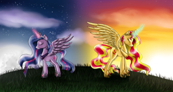 Size: 4000x2130 | Tagged: safe, artist:gaelledragons, character:sunset shimmer, character:twilight sparkle, character:twilight sparkle (alicorn), species:alicorn, species:pony, alicornified, cloud, crown, duo, ethereal mane, eyes closed, female, galaxy mane, hoof shoes, jewelry, magic, mare, moon, moonrise, older, peytral, race swap, regalia, shimmercorn, split sky, spread wings, stars, sun, sunset, twilight (astronomy), ultimate twilight, wings
