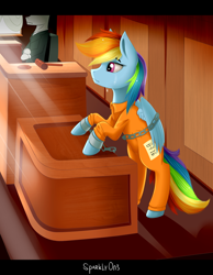 Size: 1024x1317 | Tagged: safe, artist:sparklyon3, rcf community, character:rainbow dash, bound wings, chains, clothing, court, courtroom, crying, cuffs, gavel, judge, prison outfit, prisoner rd, sad, shackles, trial