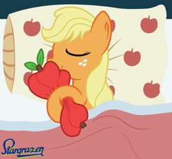 Size: 2273x2097 | Tagged: safe, artist:stargrazer, character:applejack, apple, bed, female, plushie, sleeping, that pony sure does love apples