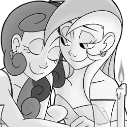Size: 800x800 | Tagged: safe, artist:thelivingmachine02, character:bon bon, character:lyra heartstrings, character:sweetie drops, ship:lyrabon, candle, female, grayscale, humanized, lesbian, monochrome, shipping