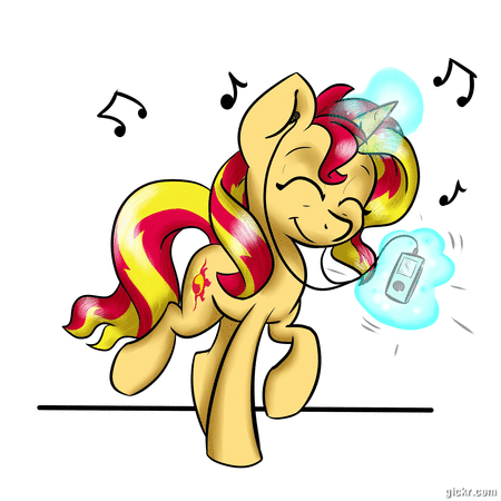 Size: 450x450 | Tagged: safe, artist:gaelledragons, character:sunset shimmer, species:pony, species:unicorn, animated, backwards cutie mark, cute, dancing, eyes closed, female, gif, ipod, magic, mp3 player, music, music notes, raised hoof, raised leg, shimmerbetes, simple background, smiling, solo, telekinesis, white background