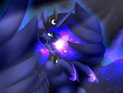 Size: 1600x1200 | Tagged: safe, artist:minelvi, character:princess luna, female, flying, galaxy mane, jewelry, peytral, solo, space