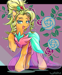 Size: 1200x1454 | Tagged: safe, artist:tyuubatu, character:applejack, episode:simple ways, g4, my little pony: friendship is magic, alternate hairstyle, applejewel, bedroom eyes, clothing, dress, female, flower, open mouth, rose, solo