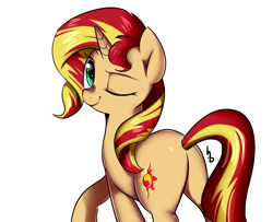 Size: 1600x1300 | Tagged: safe, artist:haden-2375, character:sunset shimmer, species:pony, species:unicorn, bunset shimmer, female, looking at you, looking back, mare, one eye closed, plot, raised hoof, signature, simple background, smiling, solo, white background, wink