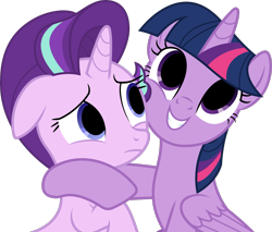 Size: 5879x5000 | Tagged: safe, artist:chrzanek97, editor:pontology, character:starlight glimmer, character:twilight sparkle, character:twilight sparkle (alicorn), species:alicorn, species:pony, absurd resolution, duo, empty eyes, hug, no catchlights, simple background, smiling, transparent background, upper body, vector