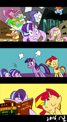 Size: 495x900 | Tagged: safe, artist:rvceric, character:applejack, character:fluttershy, character:pinkie pie, character:rainbow dash, character:rarity, character:starlight glimmer, character:sunset shimmer, character:twilight sparkle, character:twilight sparkle (alicorn), species:alicorn, species:pony, episode:every little thing she does, g4, my little pony: friendship is magic, angry, book, c++, comic, derp, java (language), mane six, programmer starlight, programming, python (language)