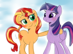 Size: 1024x768 | Tagged: safe, artist:haden-2375, character:sunset shimmer, character:twilight sparkle, character:twilight sparkle (alicorn), species:alicorn, species:pony, ship:sunsetsparkle, blushing, female, gradient background, hug, lesbian, shipping, side hug, signature, stretchy