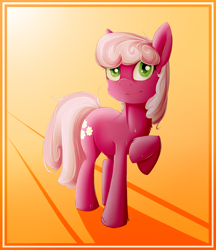 Size: 950x1100 | Tagged: safe, artist:darkvulpes, artist:mrgdog, artist:sparklyon3, rcf community, character:cheerilee, species:earth pony, species:pony, collaboration, female, gradient background, looking at you, orange background, raised hoof, simple background, smiling, solo