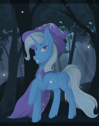 Size: 2023x2577 | Tagged: safe, artist:darkvulpes, artist:mrgdog, artist:sparklyon3, rcf community, character:trixie, species:pony, species:unicorn, cape, clothing, collaboration, female, forest, hat, smiling, solo, tree