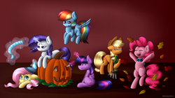 Size: 2500x1400 | Tagged: safe, artist:spirit-dude, character:applejack, character:fluttershy, character:pinkie pie, character:rainbow dash, character:rarity, character:spike, character:twilight sparkle, character:twilight sparkle (alicorn), species:alicorn, species:pony, clothing, glowing horn, halloween, jack-o-lantern, mane six, pumpkin, pumpkin carving, rake, scarf
