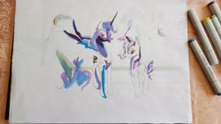 Size: 5312x2988 | Tagged: safe, artist:explonova, character:princess luna, character:rarity, species:alicorn, species:pony, species:unicorn, copic, duo, female, mare, marker, marker drawing, markers, traditional art, wip