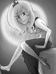Size: 768x1024 | Tagged: safe, artist:thelivingmachine02, character:princess luna, female, humanized, monochrome, moon, sitting, solo