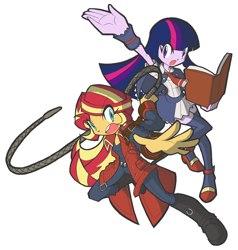 Size: 900x945 | Tagged: safe, artist:rvceric, character:sunset shimmer, character:twilight sparkle, my little pony:equestria girls, book, castlevania, castlevania: portrait of ruin, charlotte aulin, clothing, cosplay, costume, halloween, jonathan morris, konami, open mouth, pixiv, simple background, whip, white background