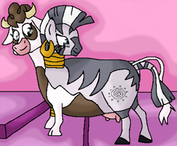 Size: 498x410 | Tagged: safe, artist:mojo1985, character:daisy jo, character:zecora, species:cow, species:zebra, conjoined, two heads, udder, what has science done, zebrow