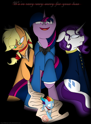 Size: 1208x1640 | Tagged: safe, artist:stuflox, character:applejack, character:rainbow dash, character:rarity, character:twilight sparkle, character:twilight sparkle (alicorn), species:alicorn, species:pony, clothing, danglajacks, danglars, monsparkle, rainbow dantes, rarifort, scroll, the count of monte cristo