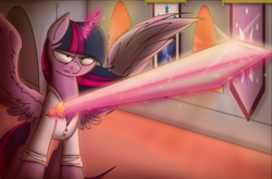 Size: 1280x846 | Tagged: safe, artist:stuflox, character:twilight sparkle, character:twilight sparkle (alicorn), species:alicorn, species:pony, female, glowing horn, magic, monsparkle, solo, sword, telekinesis, the count of monte cristo, weapon