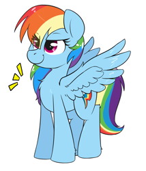 Size: 1187x1385 | Tagged: safe, artist:rileyisherehide, character:rainbow dash, species:pegasus, species:pony, backwards cutie mark, chest fluff, cute, dashabetes, eye clipping through hair, female, leg fluff, mare, simple background, solo, spread wings, white background, wing fluff, wings