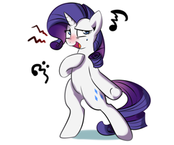 Size: 1200x1000 | Tagged: safe, artist:haden-2375, character:rarity, species:pony, bad singing, bipedal, blushing, female, music notes, simple background, singing, solo, sour note, sweat