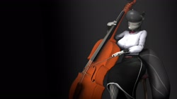 Size: 1920x1080 | Tagged: source needed, safe, artist:phantim, character:octavia melody, species:anthro, species:plantigrade anthro, 3d, bow (instrument), breasts, busty octavia, cello, cello bow, clothing, dress, eyes closed, female, musical instrument, solo, source filmmaker, wallpaper