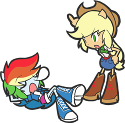 Size: 570x560 | Tagged: safe, artist:rvceric, character:applejack, character:rainbow dash, my little pony:equestria girls, boots, chibi, clothing, cowboy hat, denim skirt, doll, eared humanization, equestria girls minis, eyes closed, female, hat, on back, pixiv, shorts, simple background, skirt, sleeping, stetson, toy, transparent background