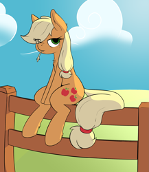 Size: 1735x1999 | Tagged: safe, artist:anearbyanimal, artist:rileyisherehide, artist:wenni, character:applejack, collaboration, female, fence, hatless, looking at you, missing accessory, sitting, solo