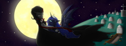 Size: 1940x724 | Tagged: safe, artist:stuflox, character:king sombra, character:princess luna, ship:lumbra, crossover, dracula, full moon, grave, graveyard, male, moon, night, shipping, spread wings, stars, straight, vampire, vampony, wings