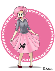 Size: 638x825 | Tagged: safe, artist:kprovido, character:fluttershy, species:human, alternate hairstyle, clothing, cute, female, high heels, humanized, open mouth, poodle skirt, shoes, shyabetes, skirt, skirt lift, smiling, solo