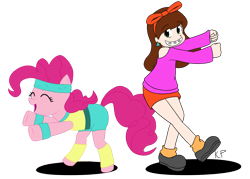 Size: 1000x714 | Tagged: safe, artist:kprovido, character:pinkie pie, crossover, dancing, double dipper, gravity falls, mabel pines, simple background, transparent background, workout outfit
