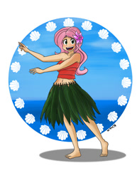 Size: 638x825 | Tagged: safe, artist:kprovido, character:fluttershy, species:human, barefoot, belly button, clothing, cute, feet, female, flower, flower in hair, grass skirt, hawaiian flower in hair, hula, hula dance, hulashy, humanized, looking at you, midriff, open mouth, shyabetes, skirt, smiling, solo, tube top