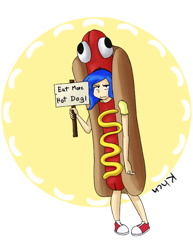 Size: 612x792 | Tagged: safe, artist:kprovido, character:princess luna, species:human, clothing, converse, costume, female, food, hot dog, humanized, luna is not amused, meat, sausage, shoes, sign, solo, unamused