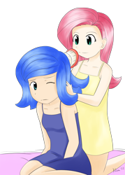 Size: 1100x1540 | Tagged: safe, artist:kprovido, character:fluttershy, character:princess luna, species:human, brushing, clothing, cute, dress, duo, duo female, female, humanized, luna is not amused, lunabetes, s1 luna, shyabetes, simple background, transparent background, unamused